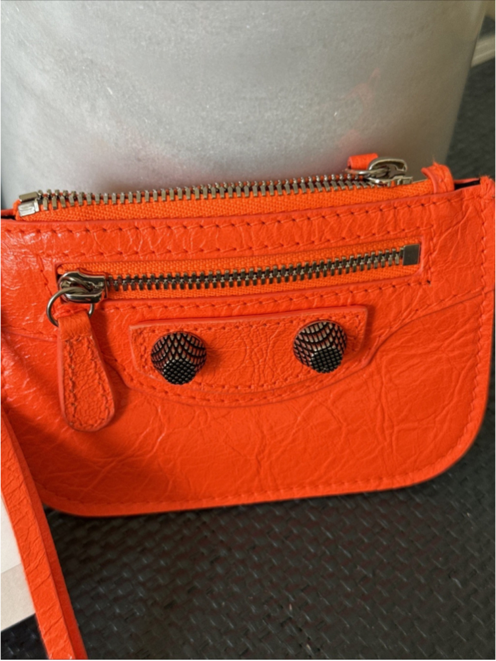 Balenciaga Le Cagole Coin Purse Card Holder Arena Lamb Fluorescent Orange NWT - Picture 2 of 9